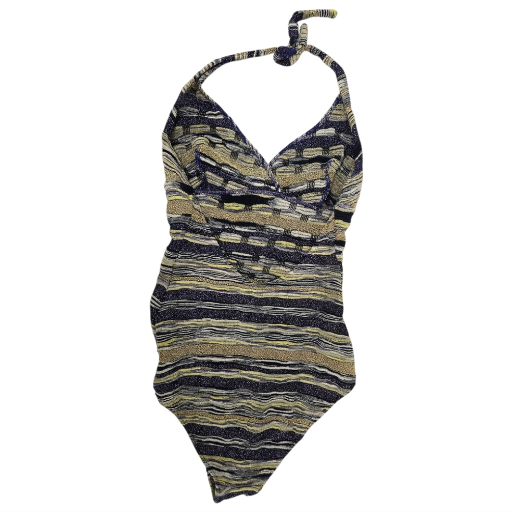 MISSONI Mare SZ 46 Purple & Gold Knitted Stripe Cotton Blend One Piece Swimsuit